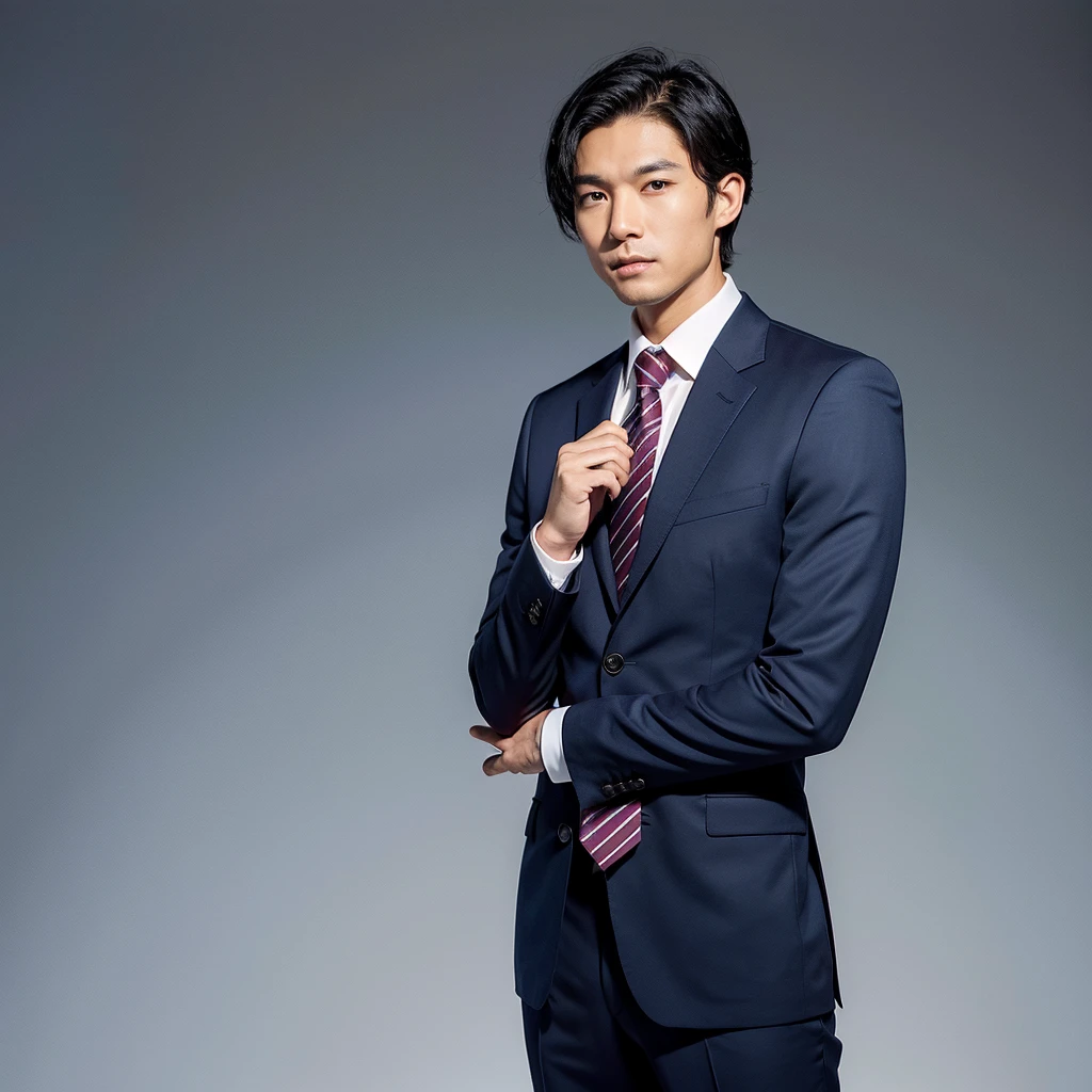 Generate an image of a 30-year-old man with medium-length black hair, brown eyes, and a standard Asian skin tone. He is standing facing forward, dressed in a high-quality navy suit, white dress shirt, and matching tie. His arms are relaxed at his sides. The background should be transparent or plain white.