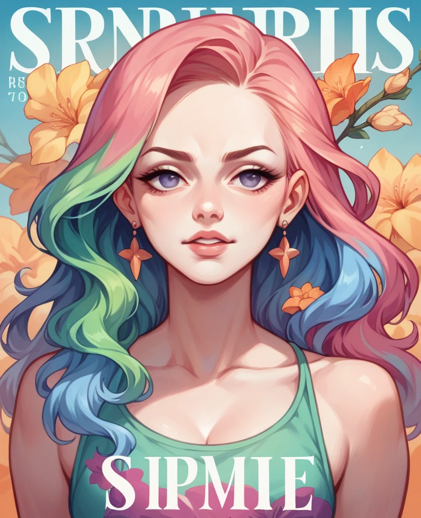 masterpiece, best quality, Spring Clothing, Colorful hair, outdoor, magazine cover ,Upper Body,