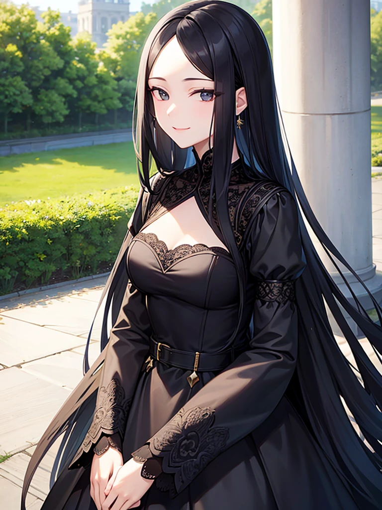 European Royal Palace Gardens、Long black hair、Black Eyed Woman、Face close-up、smile、Elegant dress