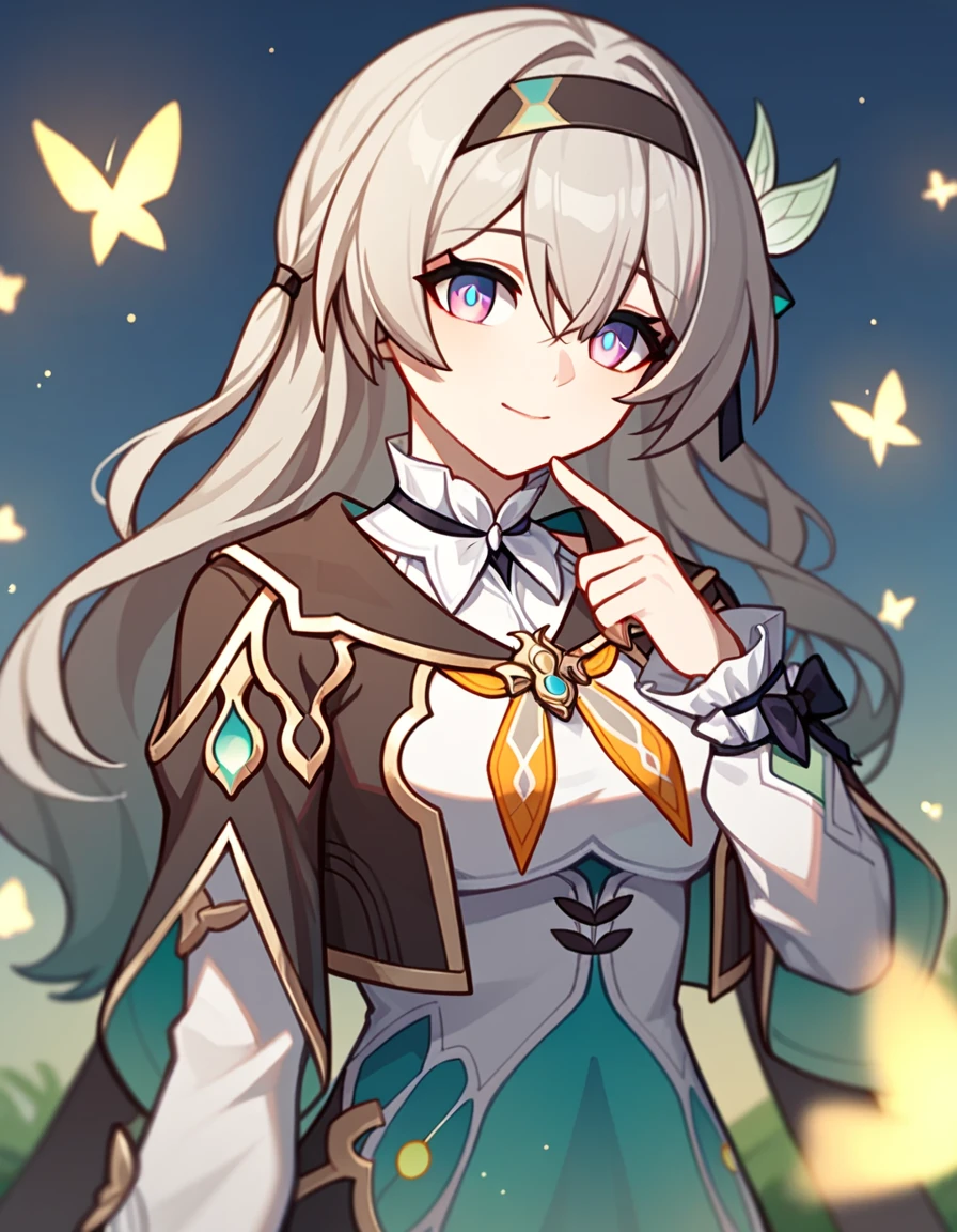 firefly_\(honkai:_star_rail\), 1girl, black_hairband, grey_hair, long_hair, purple_eyes, black_jacket, long_sleeves, hair_between_eyes, white_shirt, very_long_hair