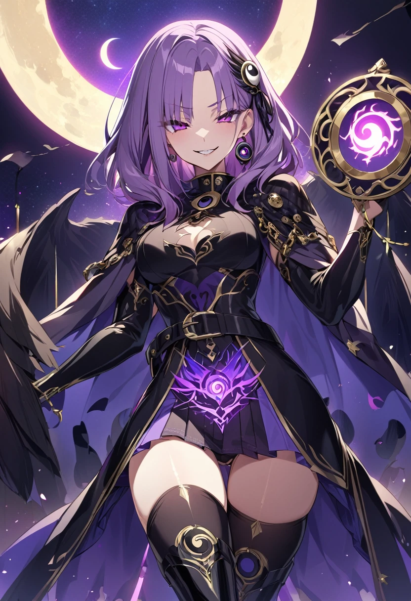 satou kuuki , Embracing dark aura, pubic tattoo, glowing tattoo, 1girl, thigh high boots, medium hair, Feeling magical energy, octagonal yin yang mirror, cape, forehead accessory, runes, evil smile, stand-up collar, black body suit, at midnight, Holding a symbol of faith, purple eye, pastle purple hair, gold decoration, evil eye decoration, moon, earring, chains, belt, yin yang, skirt, beautiful art, high res, perfect face, detailed outfit
