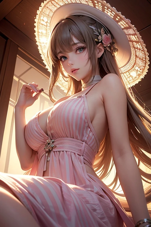 (Masterpiece:1.2), Best Quality, (illustration:1.2), (ultra detailed), hyper details, (delicate detailed), (intricate details), (cinematic light, Best Quality Backlights), Delete line, from below, soloist, perfect body, (1 girl), A girl wearing summer clothes she lay down on her pink striped towel she lay there staring dreamily at the sunset she is also wearing a beige hat, she is beautiful, (make up), High contrast, (better lighting, an extremely created and beautiful), (cinematic light), showy,