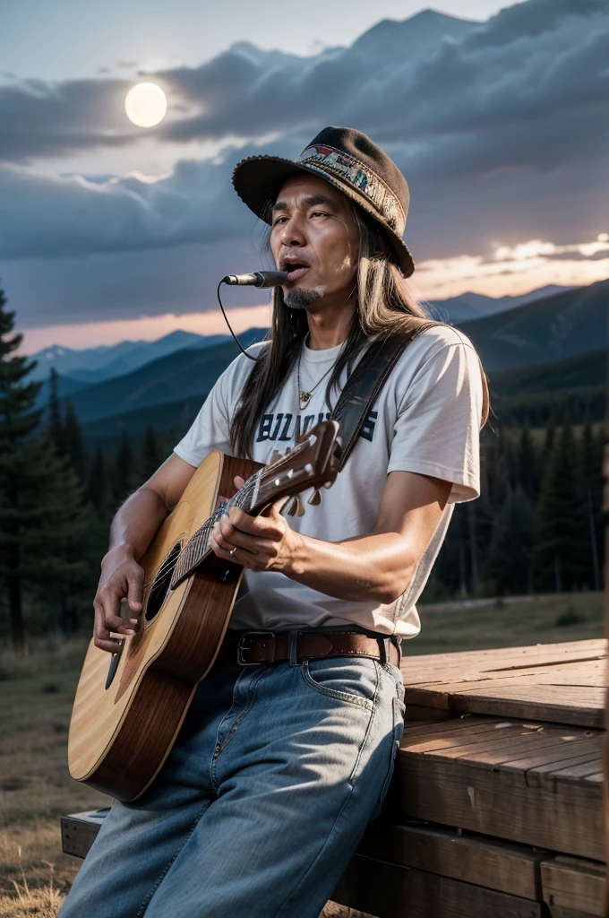 Create a Native American in Jeans, playing mouth harmonica, an old black man playing the guitar, wolf owl bonfire whiskey bottle full moon big mountains
