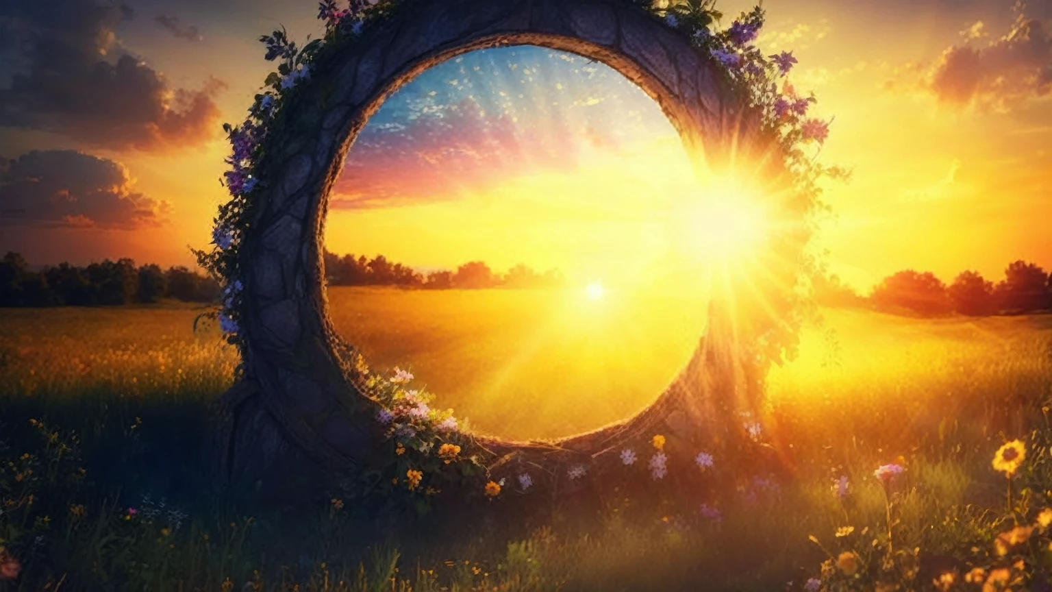 HDR, macro, UHD, highly detailed summer solstice, 8K, photographic, cinematic lighting, vibrant colors, natural scenery, golden hour, dramatic sky, sun rays, lush foliage, detailed flowers, intricate textures, photo-realistic, award-winning photography