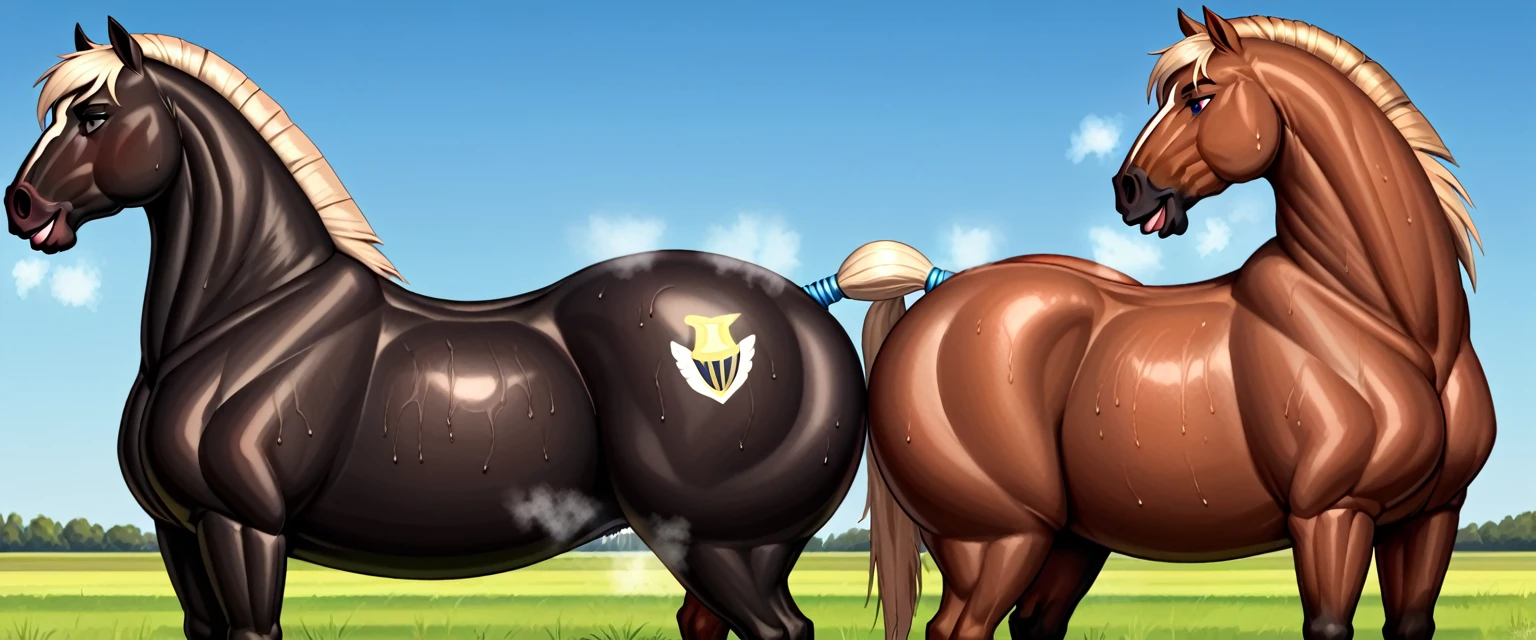 a very full figured very black skinned nude African woman riding a big  Belgian draft horse  mare (side view). big bum. very short tail. horse facing horizon .   flat grass meadow. steaming horse dung behind horse.   cloudless blue sky. 