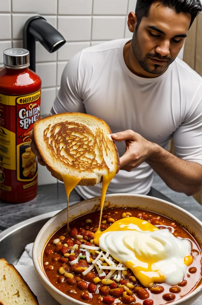 A grilled cheese man eating a bowl of chili while taking a shower