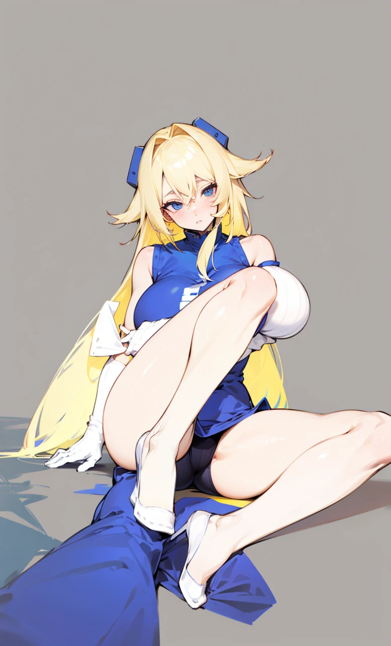 Regenerate, long blonde hair, sleeveless, big breast, thick thighs, sitting on the floor