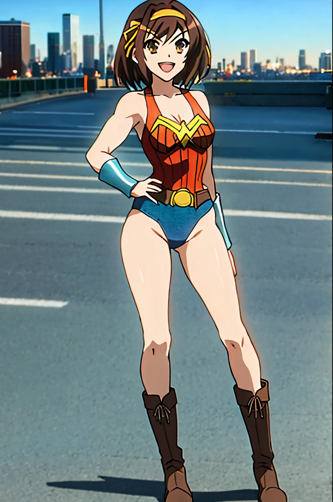 1girl, medium breasts, leotard, wonder woman leotard, tight belt, bare legs, boots, matching boots, bracelets, city backdrop, solo, single, standing, full body shot, cowboy shot, beautiful detailed eyes, haruhi, looking_at_viewer, smile, short_hair, open_mouth, bangs, brown_hair, ribbon, cleavage, brown_eyes, hair_ribbon, :d, hairband, medium_hair, v-shaped_eyebrows, orange_hairband, hand on hip