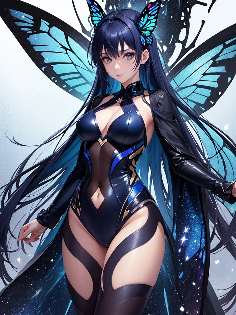 Woman with dark blue hair, butterfly wings, galaxy rainbow, leotard