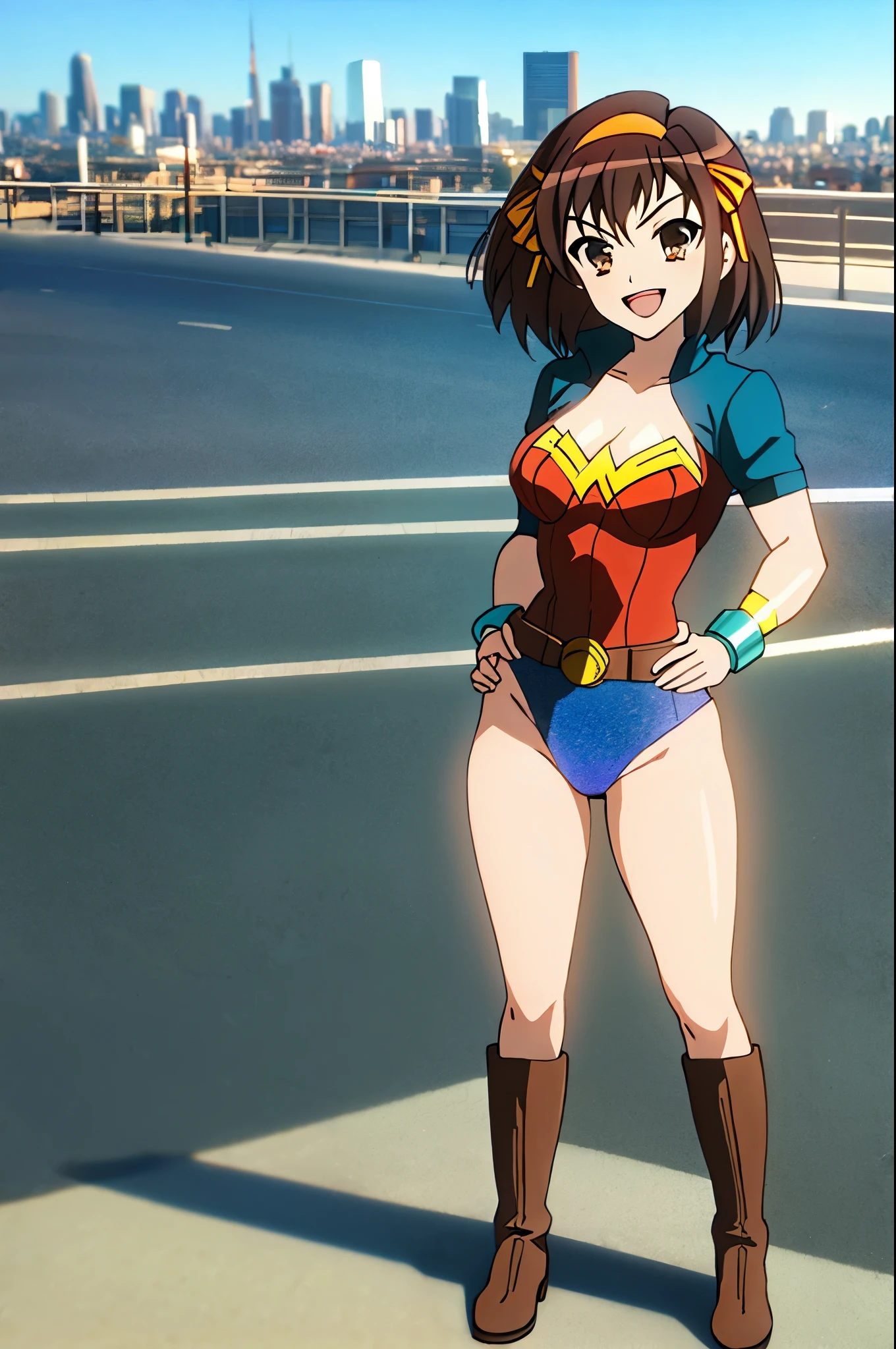 1girl, medium breasts, leotard, wonder woman leotard, tight belt, bare legs, boots, matching boots, bracelets, city backdrop, solo, single, standing, full body shot, cowboy shot, beautiful detailed eyes, haruhi, looking_at_viewer, smile, short_hair, open_mouth, bangs, brown_hair, ribbon, cleavage, brown_eyes, hair_ribbon, :d, hairband, medium_hair, v-shaped_eyebrows, orange_hairband, hand on hip