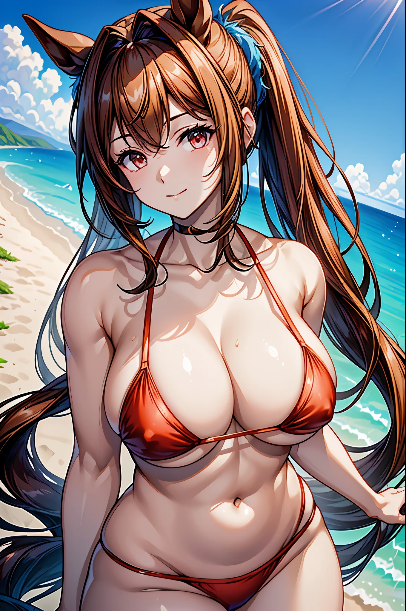 (((masterpiece, best quality, highres, UHD, perfect pixel, depth of field, 4k, RTX, HDR))), 1girl, smile, very huge breasts, brown hair, very long hair, twintails, (red eyes:1), collarbone, white bikini, navel, side-tie bikini, (a sexy), beach, ocean, blue sky, looking at viewer, {{Extremely delicate and beautiful}}, the Extremely Detailed CG Unity 8K Wallpapers, (Shiny hair:1.2), (Shiny skin:1.5), horse ears, horse tail