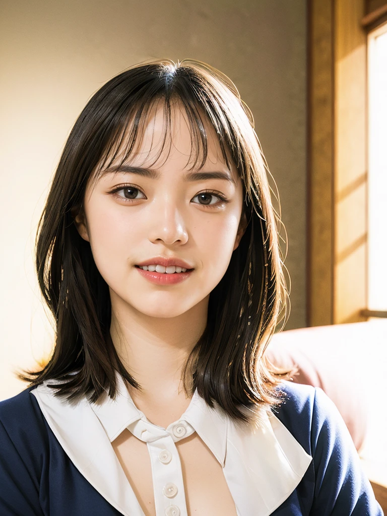 masterpiece, best quality, photorealistic, raw photo, 1girl, medium breast, collared blouse, light smile, detailed skin, pore, simple background