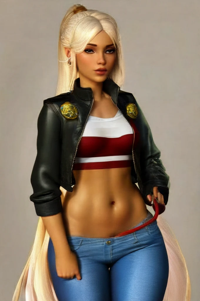 1 female, dark skin, slanty eyes, loop earings, long black straight hair, skimpy dress, black leather jacket crop top, Tight jeans, slim waist, fiesty look, Masterpiece, 4k, University background.