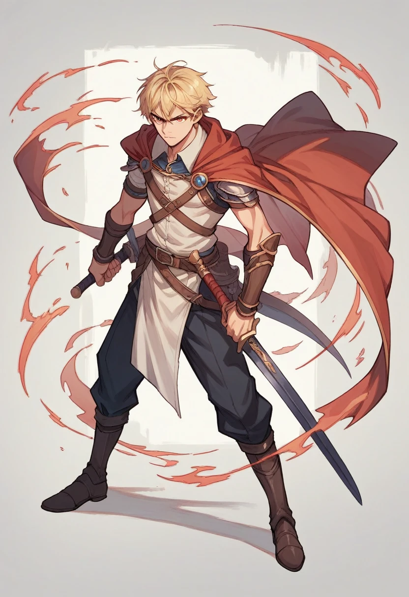 an image with a white man,blonde hair and scarlet eyes, defined ,he is a wizard , wielding a magical sword . anime styling,8K,HD,a full body image from head to toe 