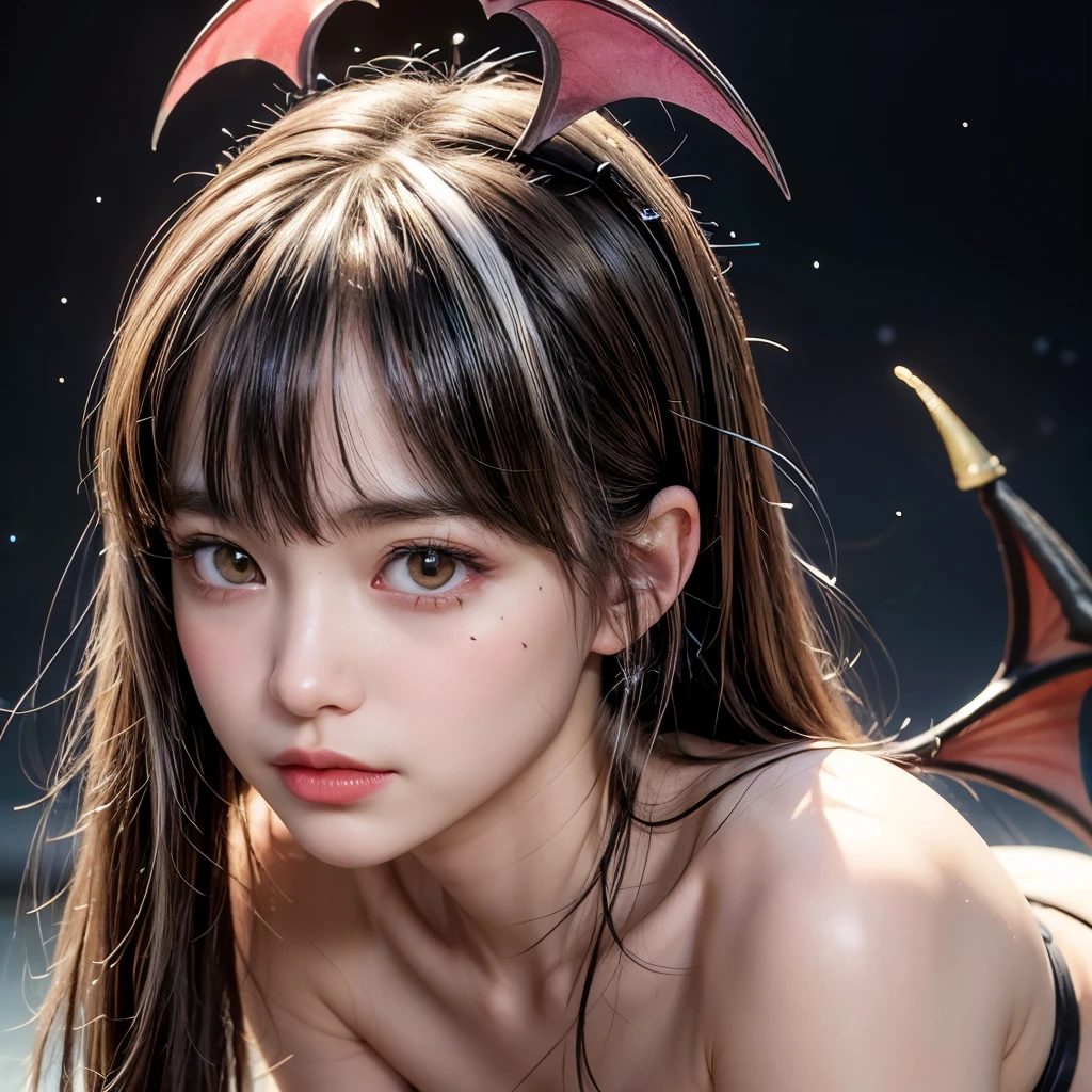 NSFW, 8k, High-level, absurd, masterpiece, best quality, primitive, very detailed CG, very detailed wallpaper, perfect lighting, Extremely detailed (((The personifying " Morrigan Aensland " as a ))), MysticSight, Tyndall effect, Tyndall scattering, Studio gray background with (many Dazzling RainbowColor particles BokeH:1.28), (RoundlyButts, ThighGap), (Exposed:0.4), (Assfocus with looking ahead), BREAK (NOGIZAKA face variations) Extremely Detailed very KAWAII face variations, perfect anatomy, Childish, captivating gaze, elaborate detailed Eyes with (sparkling highlights:1.28), long eyelashes、Glossy RED Lips with beautiful details, Coquettish tongue, Rosy cheeks, Radiant PearlSkin with clear transparency . { (Dynamic LifeLike expressions:1.4) | :d) }, (large eyes:-1) .