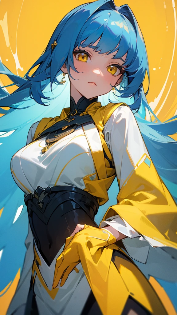 ((1only)), ((1girl)), ((upper_body)), ((masterpiece)), ((best quality)), ((beautiful detail)), ((ultra-detailed)),Dress Design , masterpiece, vibrant colors, long hair, bangs, blue hair, (yellow eyes) full body