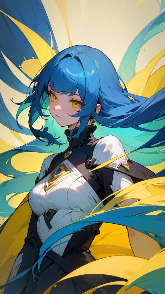 ((1only)), ((1girl)), ((upper_body)), ((masterpiece)), ((best quality)), ((beautiful detail)), ((ultra-detailed)),Dress Design , masterpiece, vibrant colors, long hair, bangs, blue hair, (yellow eyes) full body