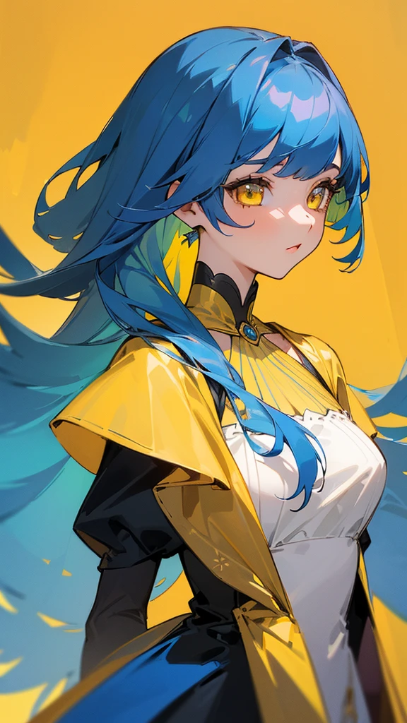 ((1only)), ((1girl)), ((upper_body)), ((masterpiece)), ((best quality)), ((beautiful detail)), ((ultra-detailed)),Dress Design , masterpiece, vibrant colors, long hair, bangs, blue hair, (yellow eyes) full body