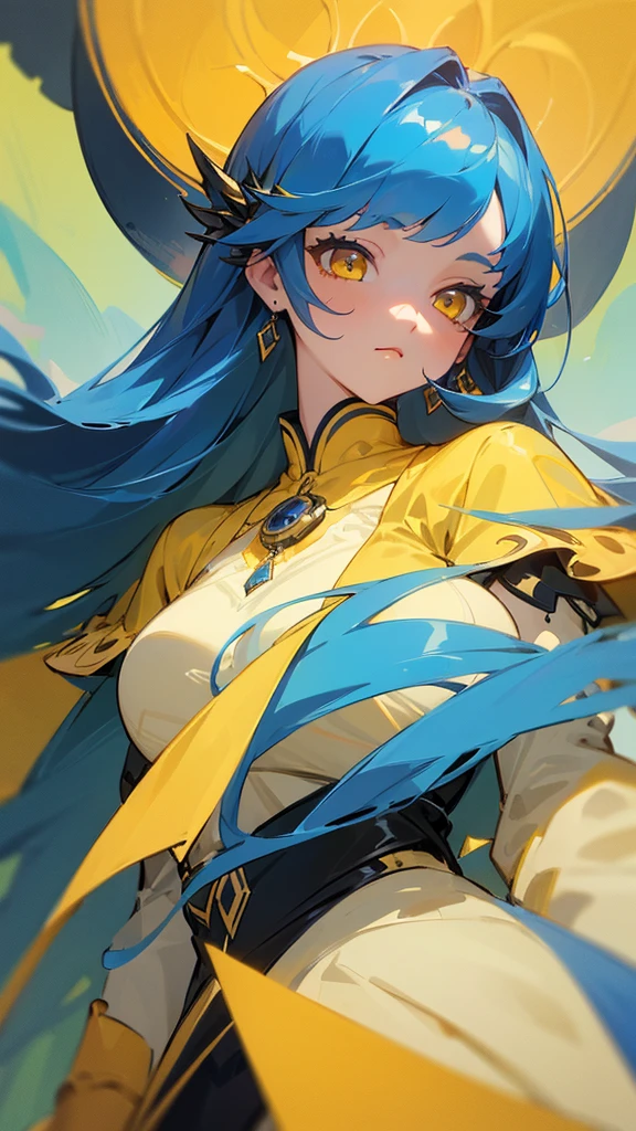 ((1only)), ((1girl)), ((upper_body)), ((masterpiece)), ((best quality)), ((beautiful detail)), ((ultra-detailed)),Dress Design , masterpiece, vibrant colors, long hair, bangs, blue hair, (yellow eyes) full body