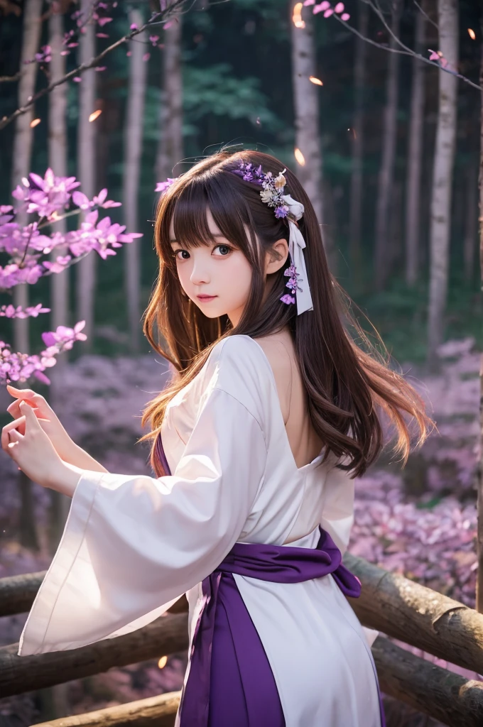 detailed background, masterpiece, best quality, 1girl, hakurei reimu, brown hair, hair tubes, hair ribbon, brown eyes, nontraditional miko, a forest full of purple and white trees, fireflies, water, purple theme, white theme, mystical, magical,