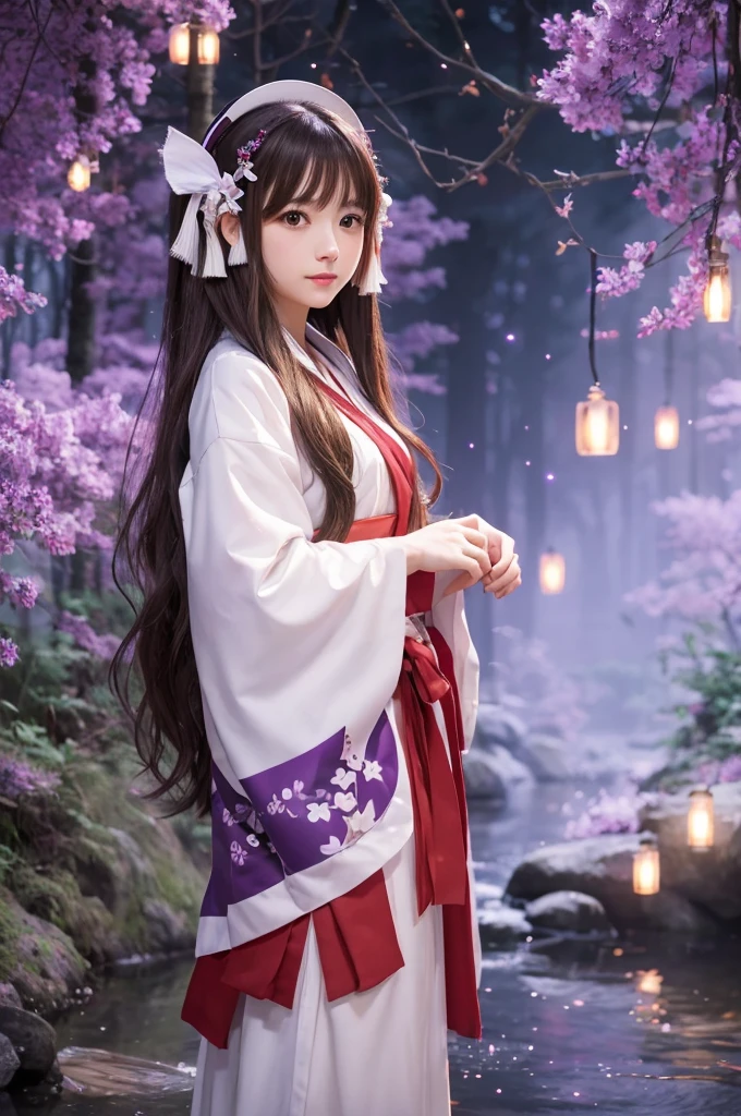 detailed background, masterpiece, best quality, 1girl, hakurei reimu, brown hair, hair tubes, hair ribbon, brown eyes, nontraditional miko, a forest full of purple and white trees, fireflies, water, purple theme, white theme, mystical, magical,