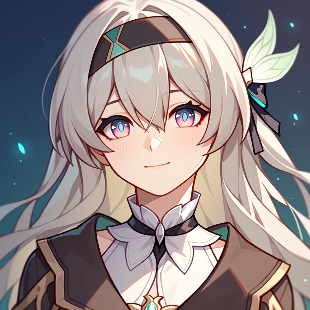 firefly_\(honkai:_star_rail\), 1girl, black_hairband, grey_hair, long_hair, purple_eyes, black_jacket, long_sleeves, hair_between_eyes, white_shirt, very_long_hair