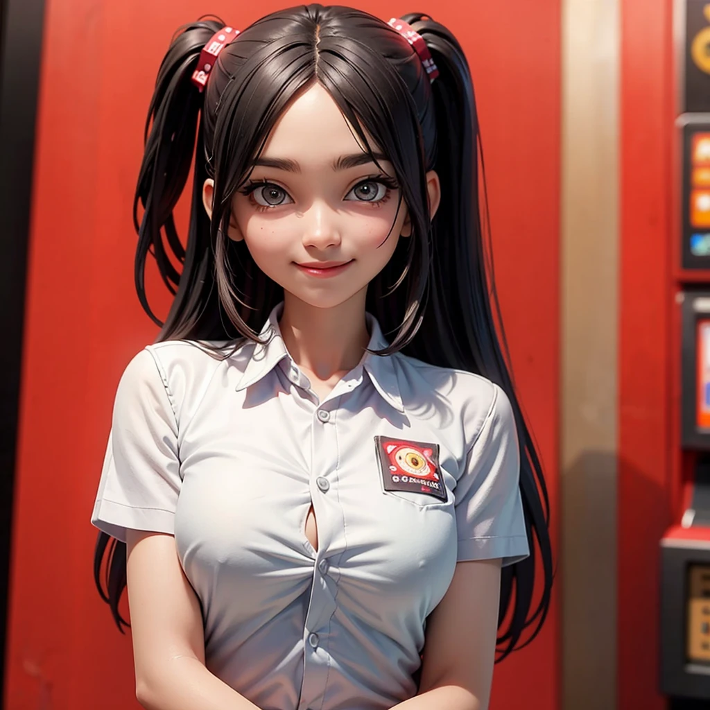happy and smile, indonesian girl wearing high , teasing you, waiting customer play, work as casino customer service, standing in between slot machine, red background
