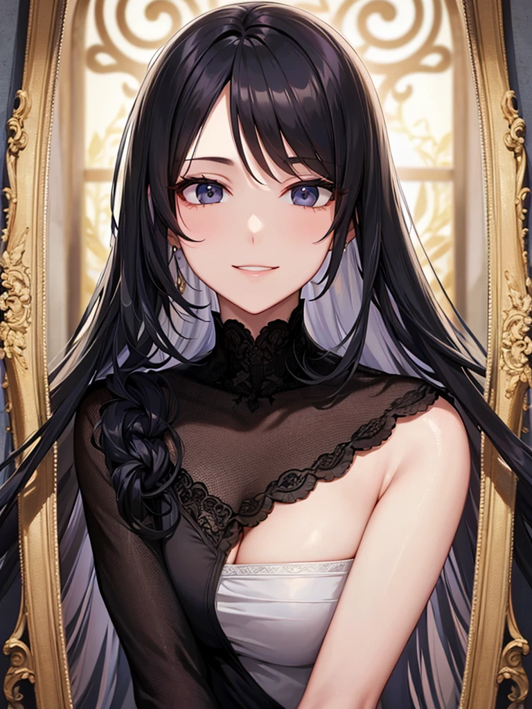 European Royal Palace Gardens、Long black hair、black eye、Woman in her early 20s、Face close-up、smile、Elegant dress