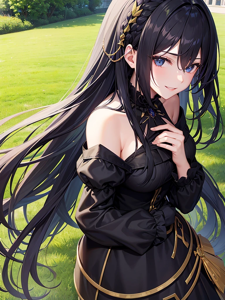 European Royal Palace Gardens、Long black hair、black eye、Woman in her early 20s、Face close-up、smile、Elegant dress