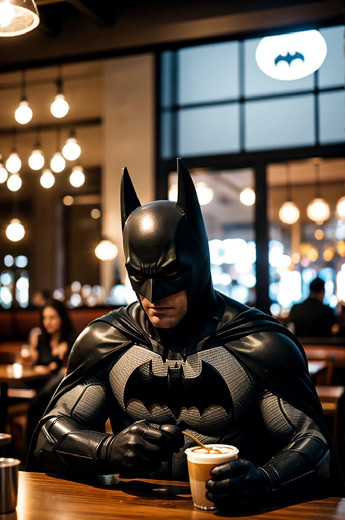 Batman drinking coffee in a restaurant 