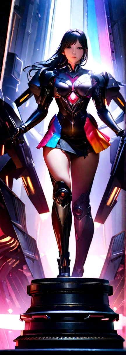 ((masterpiece, Highest quality)), figure, Ultra high definition 8K, Realistic, Sharp focus, Very detailed, Professional Lighting, Colorful details, Rainbow Light BREAK Extreme Long Shot of Factory, Red and silver mechanical robot large structure, Microchip, computer, bright, Intricate details, 1 girl with a perfect face, A beautiful miniskirt stands in front of the audience,
