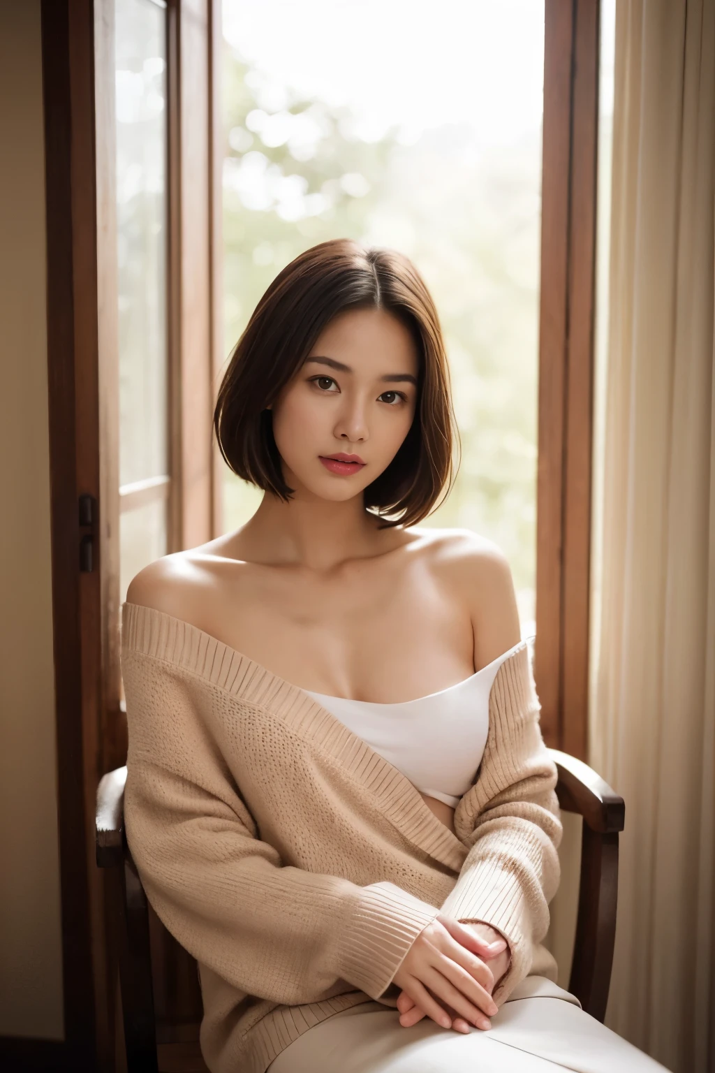 (colored picture), Photo realistic of beautiful asian、slender abs, (Highlight Haircutreast A Cup:1.2), small breast, round shape breast, perfect shape breast,(( )), she is sitting and reading a book in a cozy indoor setting. The scene is bathed in the warm, golden light of a late afternoon, streaming in from a window directly behind her. She is wearing a soft pink sweater relaxed neckline that casually ((drapes off one shoulder)), exposing slender shoulders with black bra trap, highlighted by the rays of light creating a radiant effect on her skin. The overall atmosphere is serene and intimate, capturing a peaceful moment of solitude and the beauty of the light, mid-shot , light rays warm atmosphere