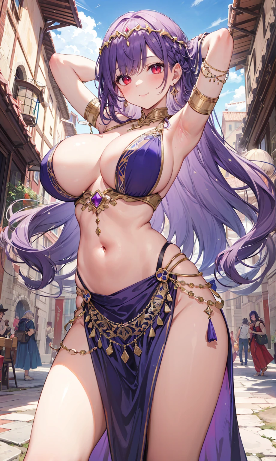 high quality, ultra detailed, best quality, insanely detailed, beautiful, masterpiece, 1girl, medieval plaza, cowboy shot, red eyes, long hair, purple hair, belly dancer, circlet, earrings, armlets, bracelets, bashful smile, large breasts, cleavage, soft stomach