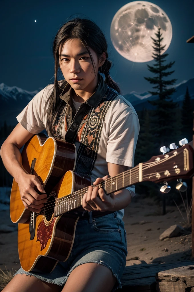 Create an American Indian playing the guitar at night wolf owl bonfirefull moon big mountains 