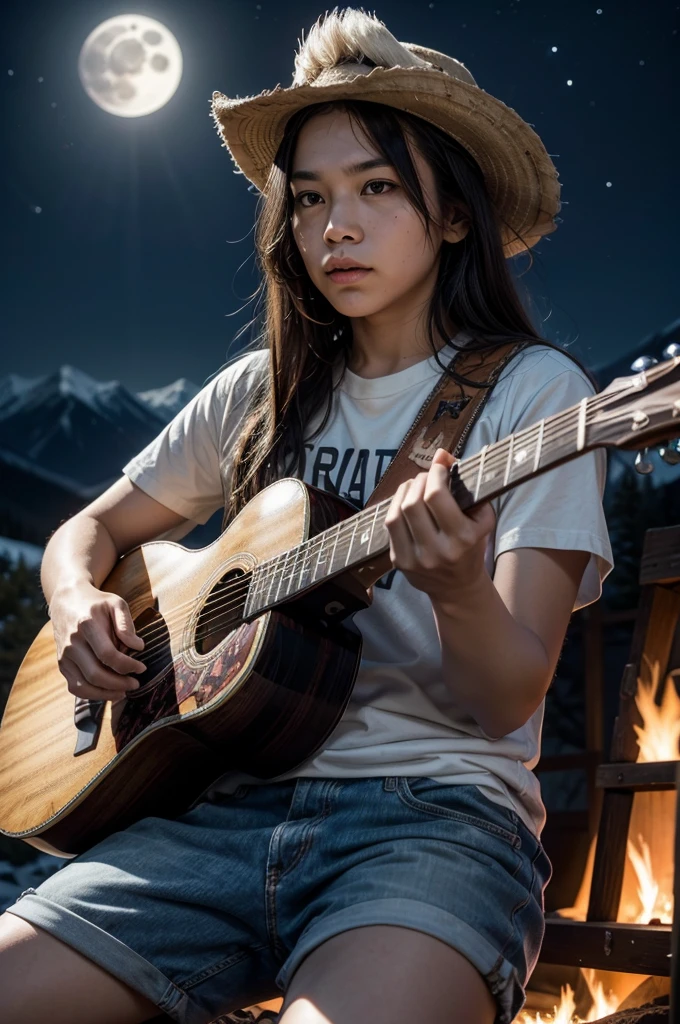 Create an American Indian playing the guitar at night wolf owl bonfirefull moon big mountains