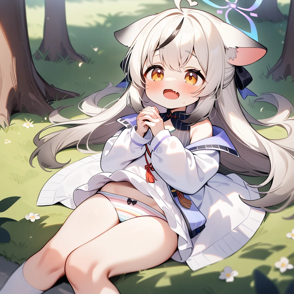 (masterpiece:1.2,high quality),8K,High resolution,A seven-year-old girl,cute girl,Sunohara Kokona(blue archive),white hair,streaked hair,long hair,light brown eyes,cat ears,Halation,heart ahoge,laughing,skin fang,saliva,Wear a white hoodie,no shorts,Rainbow pattern panties,Bows on panties,Lying in the forest,There are flowering trees on both sides,primary school student,thigh,Calf,white socks,alone,(Put your hands in your pockets)