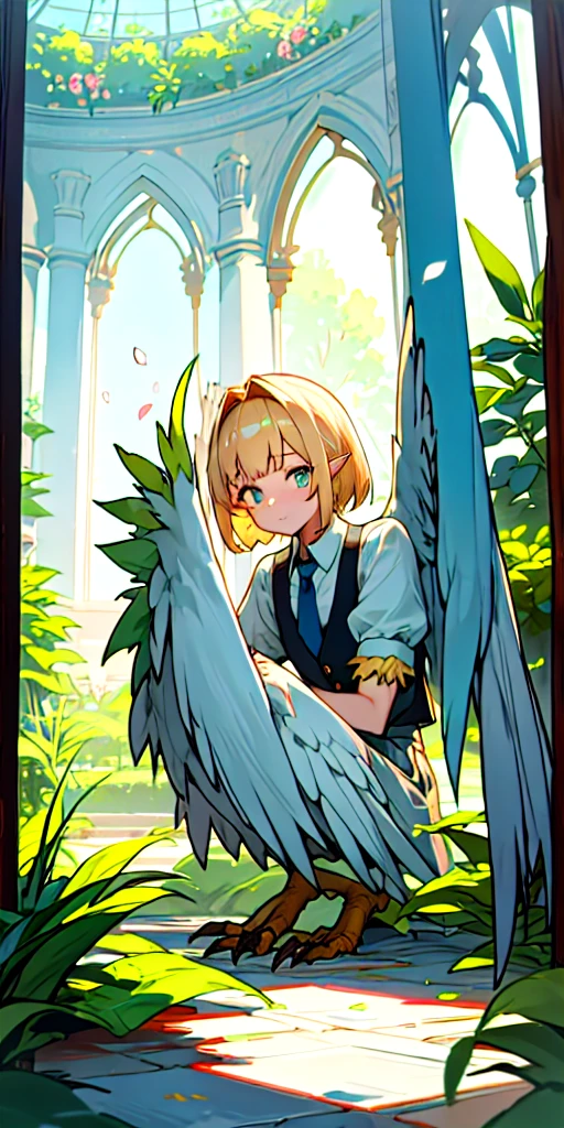 1girl,20s,happy,white shirt,black standard tie,short sleeves,white school skirt,short hair,blonde hair,pointy ears,((harpy)),(top quality, masterpiece, ultra-real), indoor botanical garden, dome, lots of flowers, dense mass of plants, the landscape in the background is a garden with petals and puffs flying around. --v6