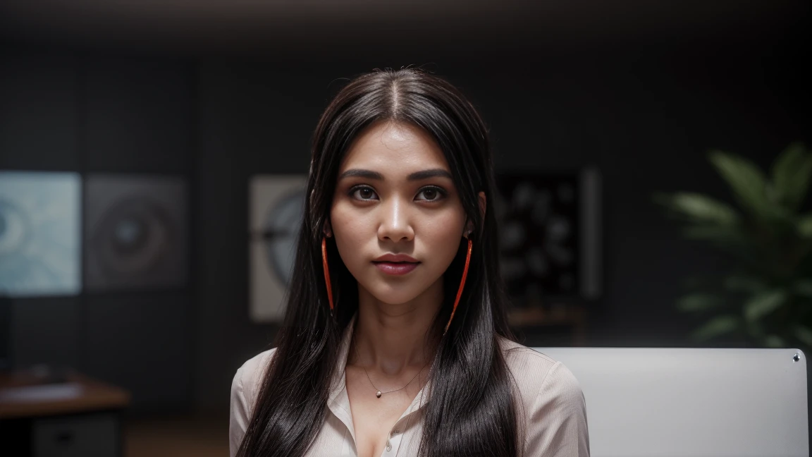 a focused customer service representative, sharp eyes, professional attire, office setting, 8k, masterpiece, RAW photo, best quality, photorealistic, extremely detailed CG unity 8k wallpaper, Depth of field, Cinematic Light, Lens Flare, Ray tracing, (extremely beautiful face, beautiful lips, beautiful eyes), intricate detail face, ((ultra detailed skin)), ((1girl:1.9)), ((alone:1.9)), ((19years old)), (beautiful and aesthetic:1.2), deep shadow, (sharp focus), [(((Raiana-Elizabeth-Dilla:1.9)))], pretty girl, (very slim slender fit-muscled body:1.9), (business-style fashion:1.9), (stylish ((red:1.5)) clothes), (modern office background:1.9), (shiny skin), clear eyes, (pale skin), (((eyes-view:1.9))), (((extreme-close-up:1.9, cinematic shot))),  soft lighting, (flowing dark-black hair), (((looking at viewer:1.9))), highly detailed, ultra realistic, extremely detailed and realistic ((red:1.5)) clothes.