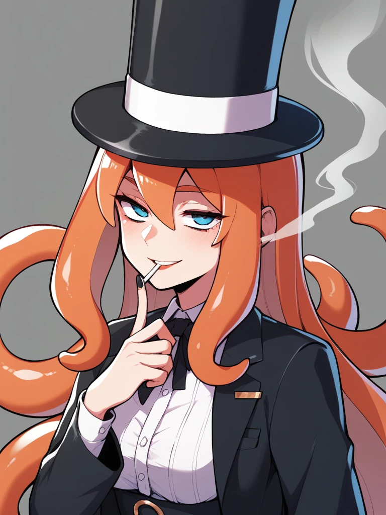 Humanoid figure with an orange octopus head with a black vigote, a top hat and a monacle dressed elegantly, smoking
