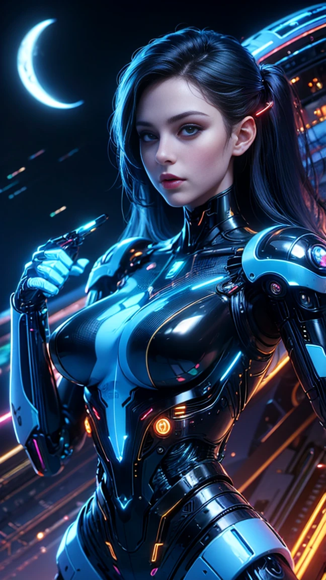top quality, future world, State-of-the-art robot, Beautiful Woman, flying hair, Transformed into a cyborg except for the face, Transformed into a cyborg except for the shoulder, sexy images, whole body photo, (((transform to mimic)))
