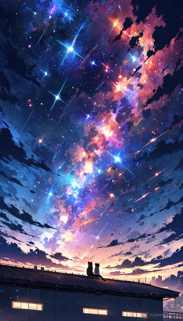 anime painting inspired by Makoto Shinkai, space art, (sideways (black cat) sitting on the roof of a building looking at the sky), mysterious, fantastic, meteor shower, intricate lights, twinkling city lights, (((unmanned))),