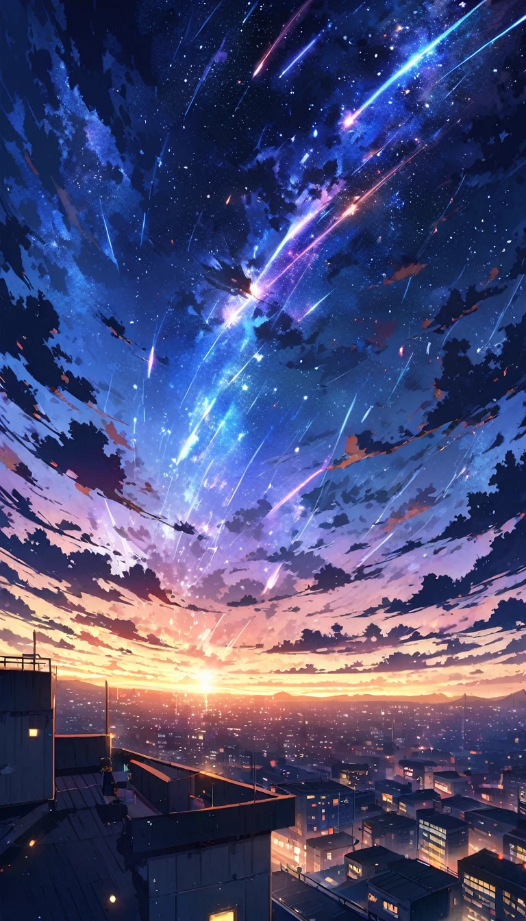 anime painting inspired by Makoto Shinkai, space art, (sideways (black cat) sitting on the roof of a building looking at the sky), mysterious, fantastic, meteor shower, intricate lights, twinkling city lights, (((unmanned))),