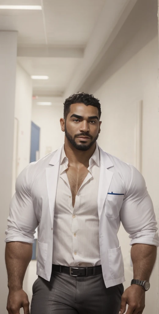 1boy, Egyptian, solo, facial hair,34 yrs old, dom, male focus, bara, muscular, mature male, muscular male, beard, short hair, thick eyebrows, brown-skinned male, thighs, fancy suit, dark skin, tie, tight white shirt, tight pants, open jacket, black business suit, doctor uniform, feet out of frame, thick thighs, looking at viewer, masterpiece, 4k, high quality, highres, absurdres,