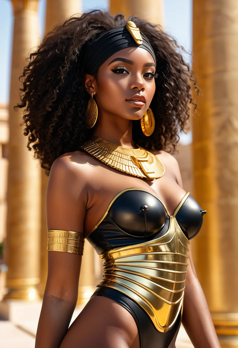 close-up,withiut clothes cute sexual black girl looking at me, flirt, cyberpank gold parts body,against the backdrop gold Egyptian columns, ultra high quality detailing