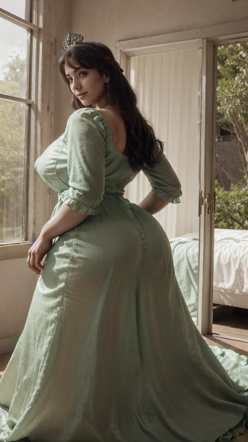 high quality,8K,high resolution, house wife pov from behind,1 personality,tall,realistic texture,Much Muchi,cute smile,one hand on back hip,(Plump body 8),(beautiful princess Cinderella, green long frock)(cotton or silk designe),(Cinderella frock)(Muchimuchi body 8),(luxury bedroom window or bed scenery),colorful, beautiful Ruby detailed crown headwear