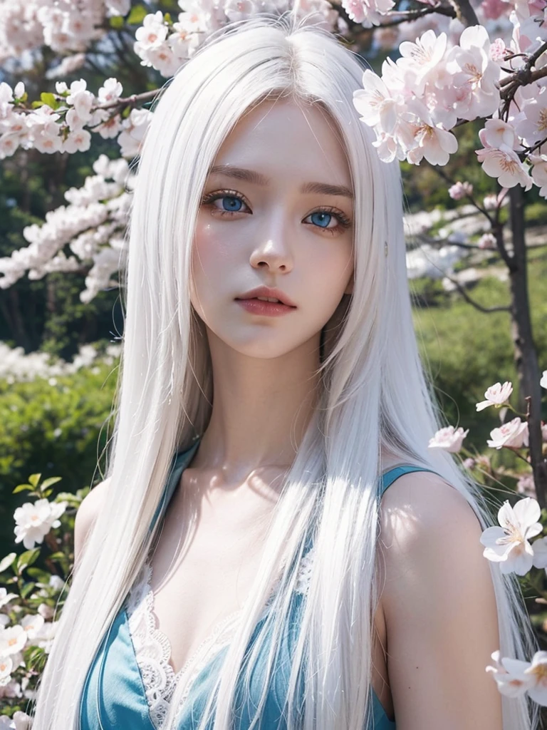 Long white hair, blue eyes, serious features, white skin, loose style, in a garden, with flowers , in the forest ,in the Sakura Korea 