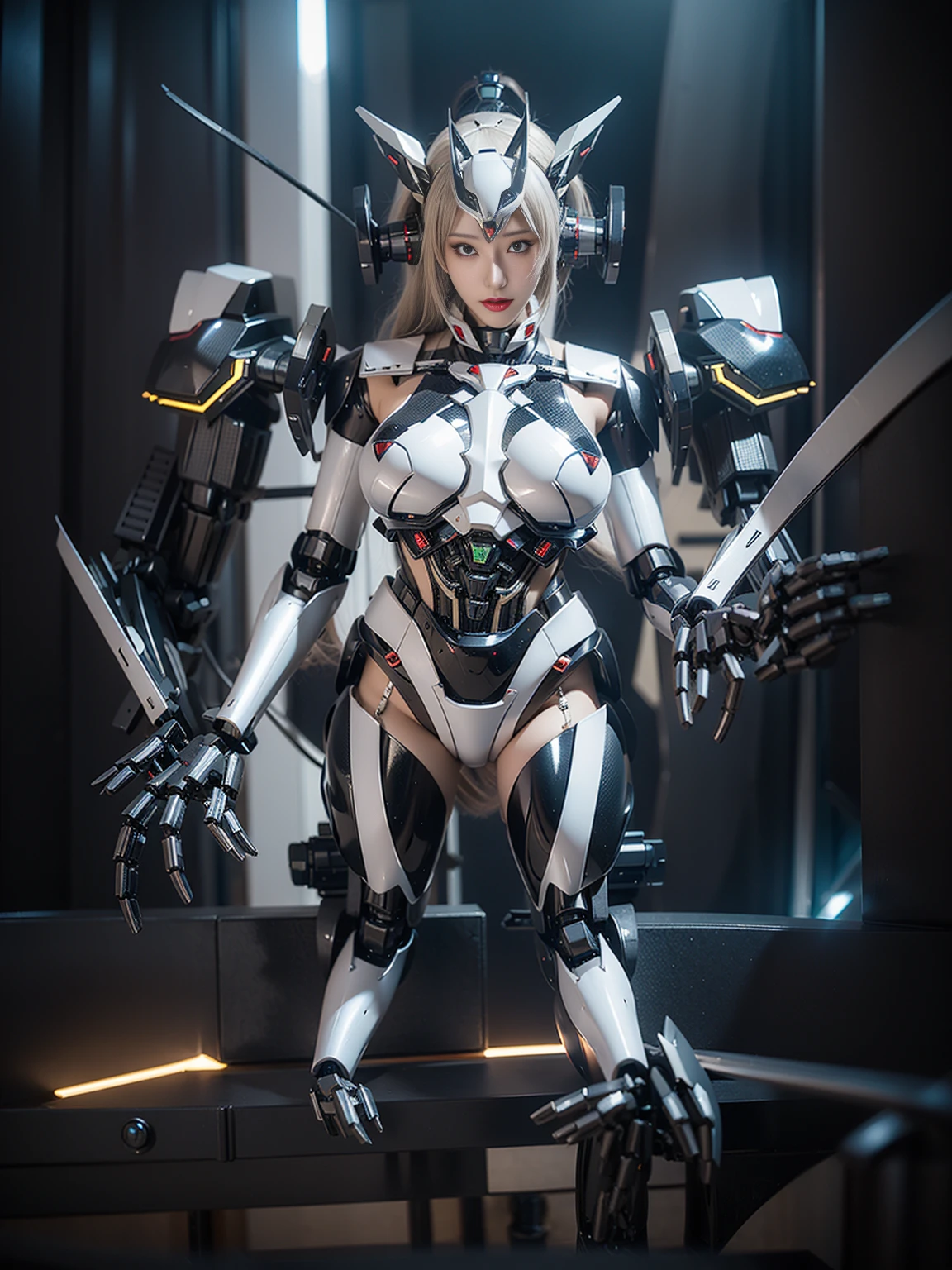 Super Detail, High Detail, high quality, best quality, High resolution，1 female robot，Beautiful female robot,beautiful clear face(Rain waves_haneame：1.5)， Mechanical body(Smooth metal surface，silver armor，Mechanical seams of skin，beautiful body curves)，Mechanical body structure,High-tech all over the body(mecha armor : 1.5)，Streamlined mechanical armor (Relatively thick，Highlight breast curves),cat ear antenna hair accessories，Mechanical parts damage