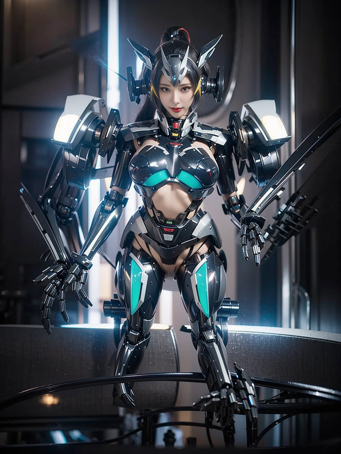 Super Detail, High Detail, high quality, best quality, High resolution，1 female robot，Beautiful female robot,beautiful clear face(Rain waves_haneame：1.5)， Mechanical body(Smooth metal surface，silver armor，Mechanical seams of skin，beautiful body curves)，Mechanical body structure,High-tech all over the body(mecha armor : 1.5)，Streamlined mechanical armor (Relatively thick，Highlight breast curves),cat ear antenna hair accessories，Mechanical parts damage