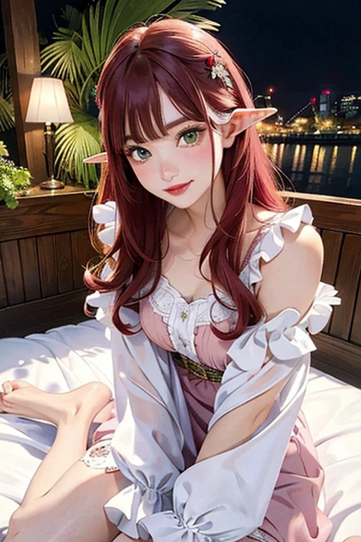 Little Elf Lola, beautiful smile, Long red hair, loose, shiny and silky, naturist, flower dress, ((full body)), sitting on the bed, Photo 9x16, night scenery, (best quality, 4K, 8k, high resolution, masterpiece: 1.2), ultra-detailed (realistic, photorealistic: 1.37), beautiful detailed eyes, beautiful detailed lips, extremely detailed eyes, extremely detailed eyes and face, green eyes, long eyelashes, toony style, playful expression, curved silhouette, looking over the shoulder, pink and white color palette, soft lighting.