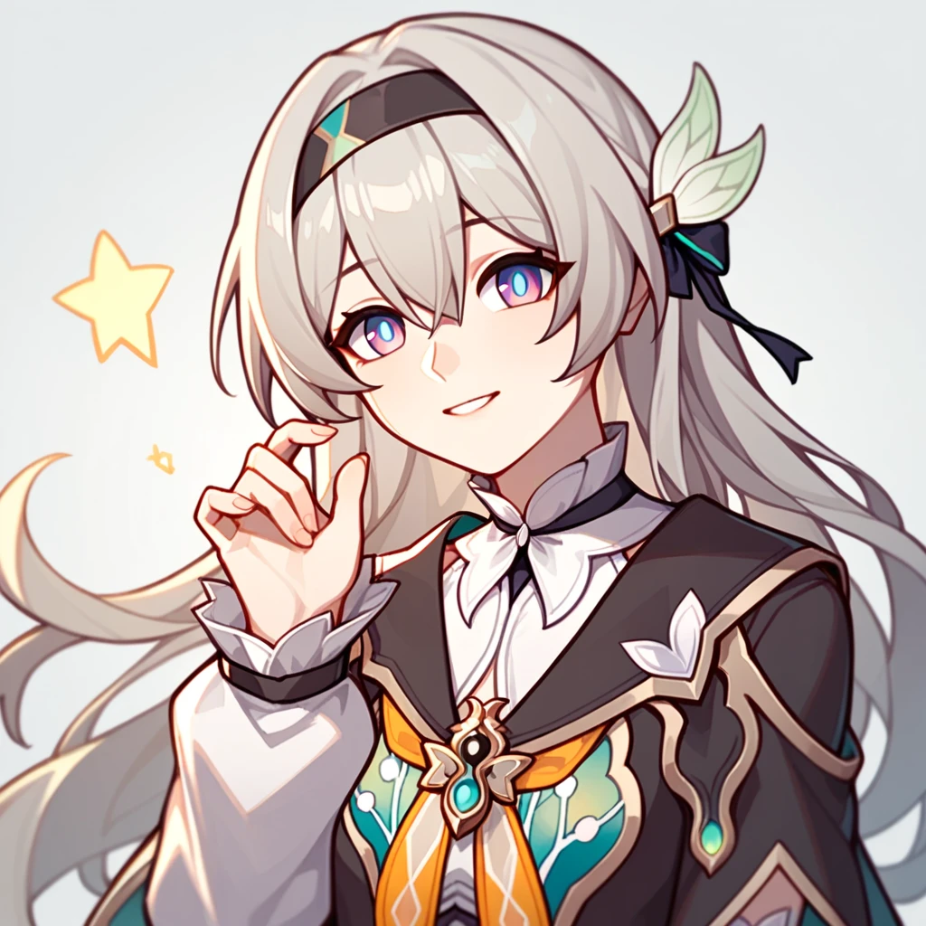 firefly_\(honkai:_star_rail\), 1girl, black_hairband, grey_hair, long_hair, purple_eyes, black_jacket, long_sleeves, hair_between_eyes, white_shirt, very_long_hair